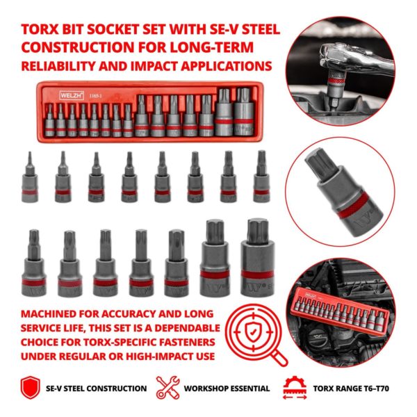 Torx T-Star Bit Socket Set, 15-Piece, SE-V Steel, T6-T70 - Welzh Werkzeug