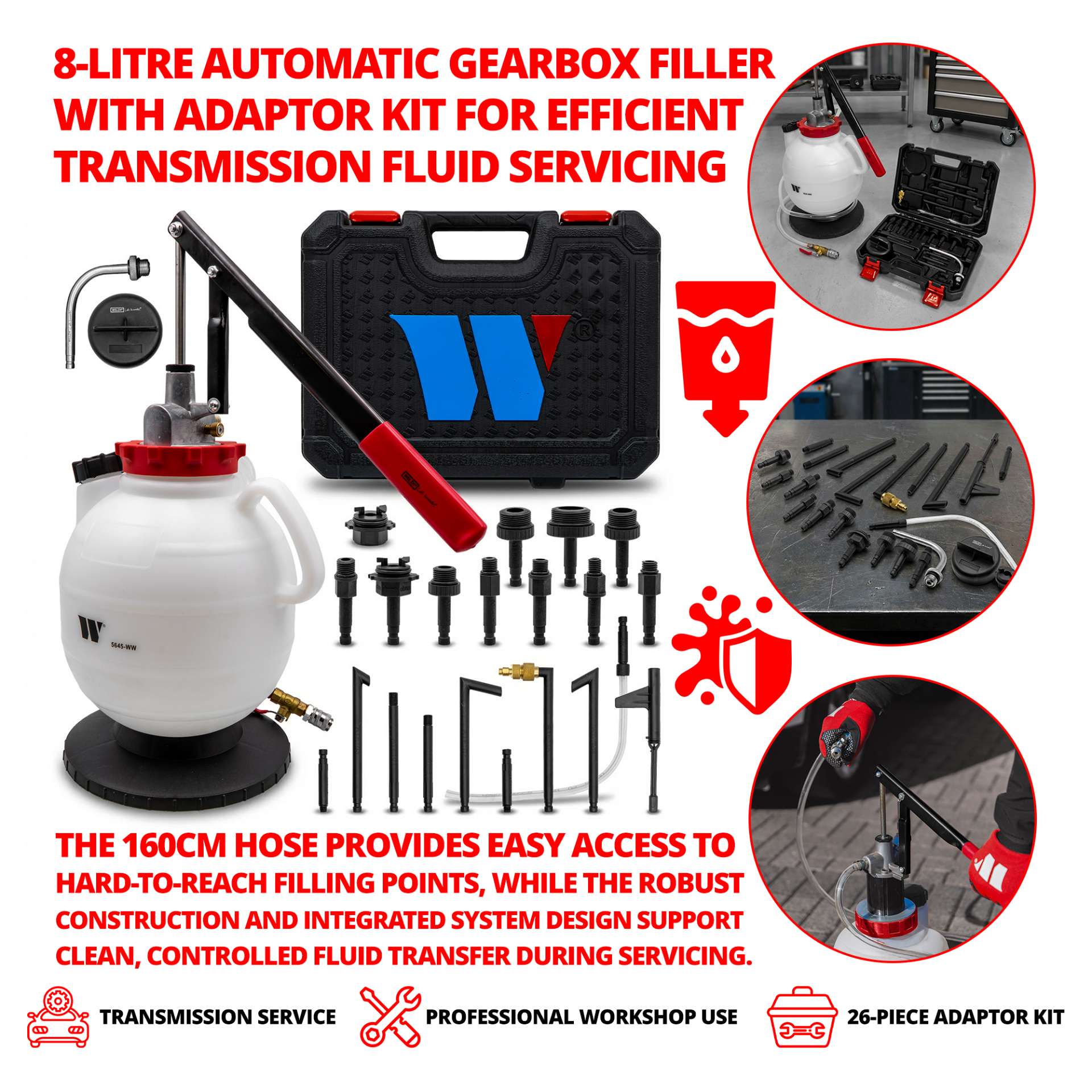 Transmission Oil Filler Tool ATF with 22-Piece Adapter Set 8ltr - Welzh Werkzeug Transmission Oil Filler Tool ATF with 22-Piece Adapter Set 8ltr - Welzh Werkzeug