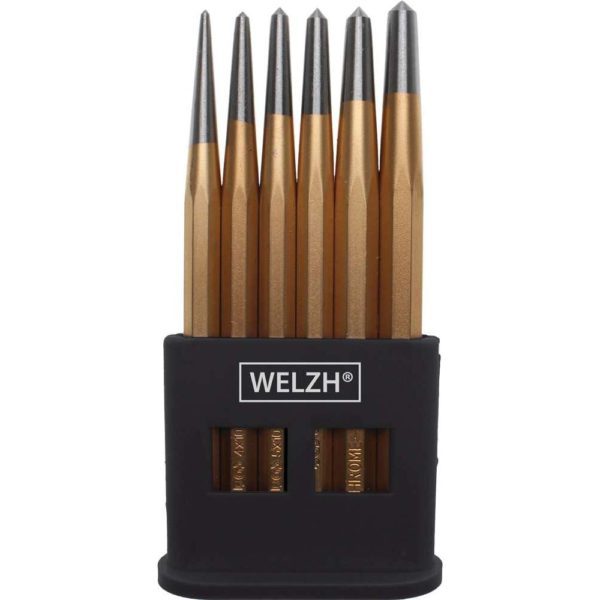 Centre Punch Set 6-Piece 150mm, 3, 4, 5, 6, 7, 8mm Hardened Cr-V - Welzh Werkzeug