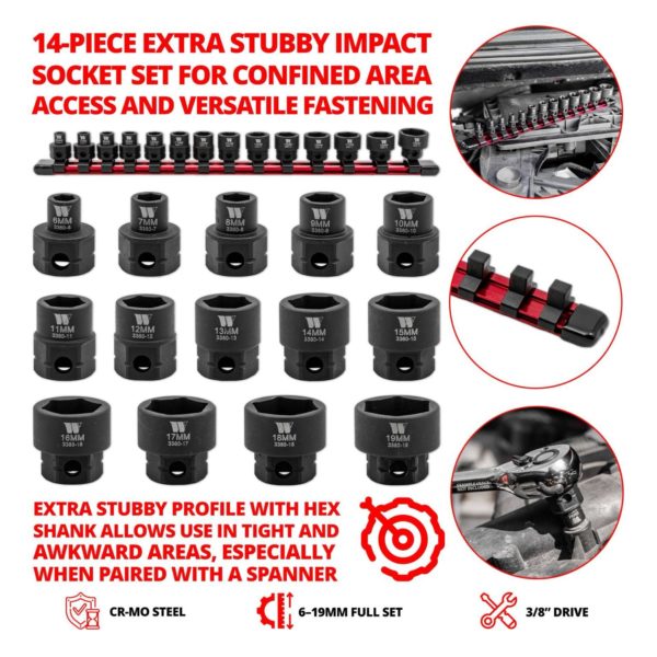 Stubby Short Impact Socket Set Hex Shanked 3/8' 6-19mm - Welzh Werkzeug