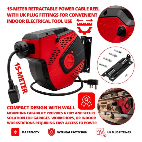 Retractable Electric Power Cable Reel Extension Cord 15m - Welzh Werkzeug