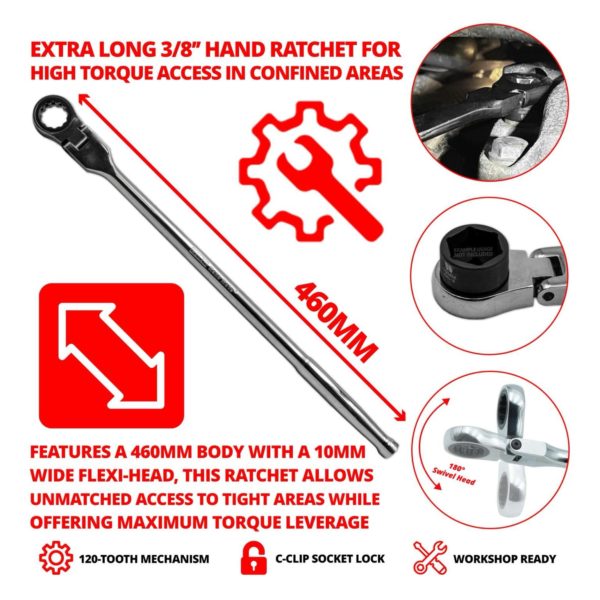 Extra Long Hand Ratchet for Use with Hex Shanked Sockets - Welzh Werkzeug