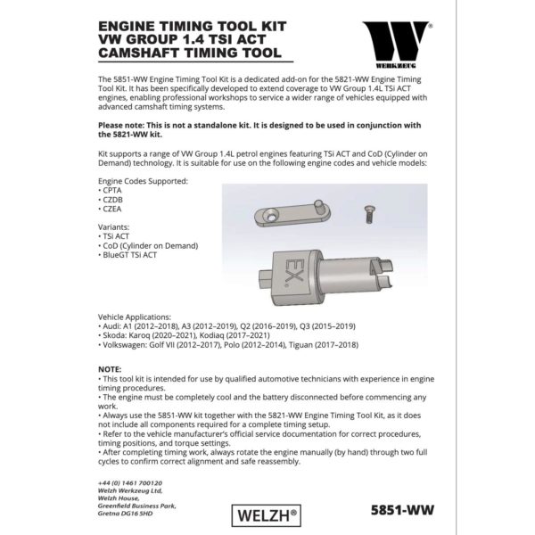 Engine Timing Tool Kit VW 1.4 TSi ACT Camshaft Timing Tool - Welzh Werkzeug