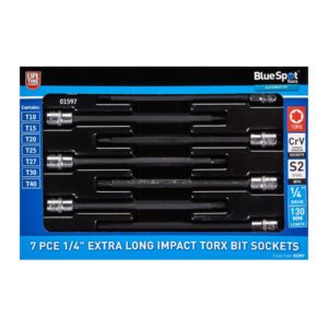Torx T-Star Bit Socket Set Extra Long Impact 1/4' 7-Piece 130mm T10-T40 - BlueSpot