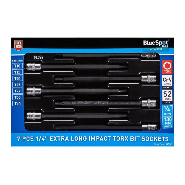 Torx T-Star Bit Socket Set Extra Long Impact 1/4' 7-Piece 130mm T10-T40 - BlueSpot