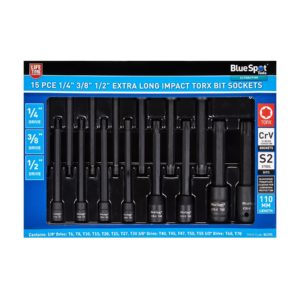 Torx T-Star Bit Socket Set Extra Long Impact 1/4' 3/8' 1/2' 15pc 110mm T6-T70 - BlueSpot