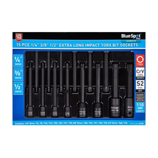 Torx T-Star Bit Socket Set Extra Long Impact 1/4' 3/8' 1/2' 15pc 110mm T6-T70 - BlueSpot