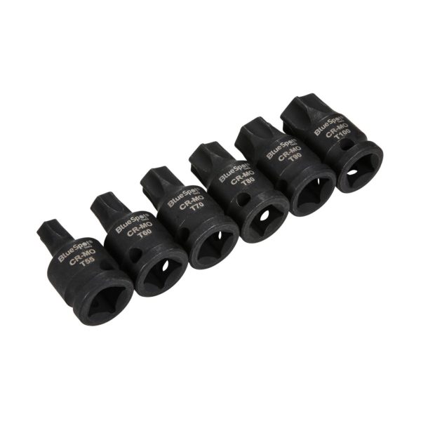 Torx T-Star Bit Socket Set Impact 1/2' 6-Piece Extra Large 45mm T55-T100 - BlueSpot