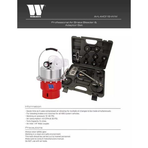 Professional Air Brake Bleeder And Adapter Set - Welzh Werkzeug