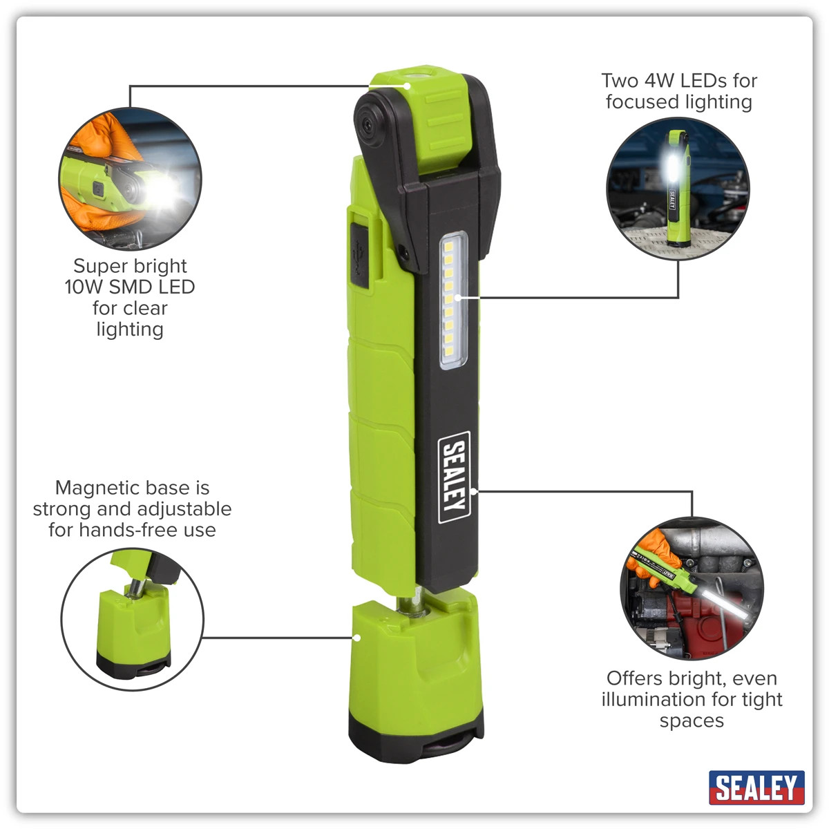 Sealey Rechargeable Work Light 360° 10W & 2 x 4W SMD LED Green LED3605G Sealey Rechargeable Work Light 360° 10W & 2 x 4W SMD LED Green LED3605G