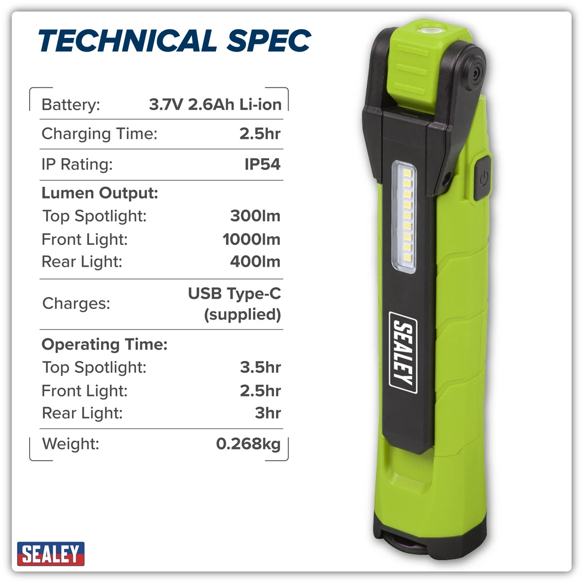 Sealey Rechargeable Work Light 360° 10W & 2 x 4W SMD LED Green LED3605G Sealey Rechargeable Work Light 360° 10W & 2 x 4W SMD LED Green LED3605G