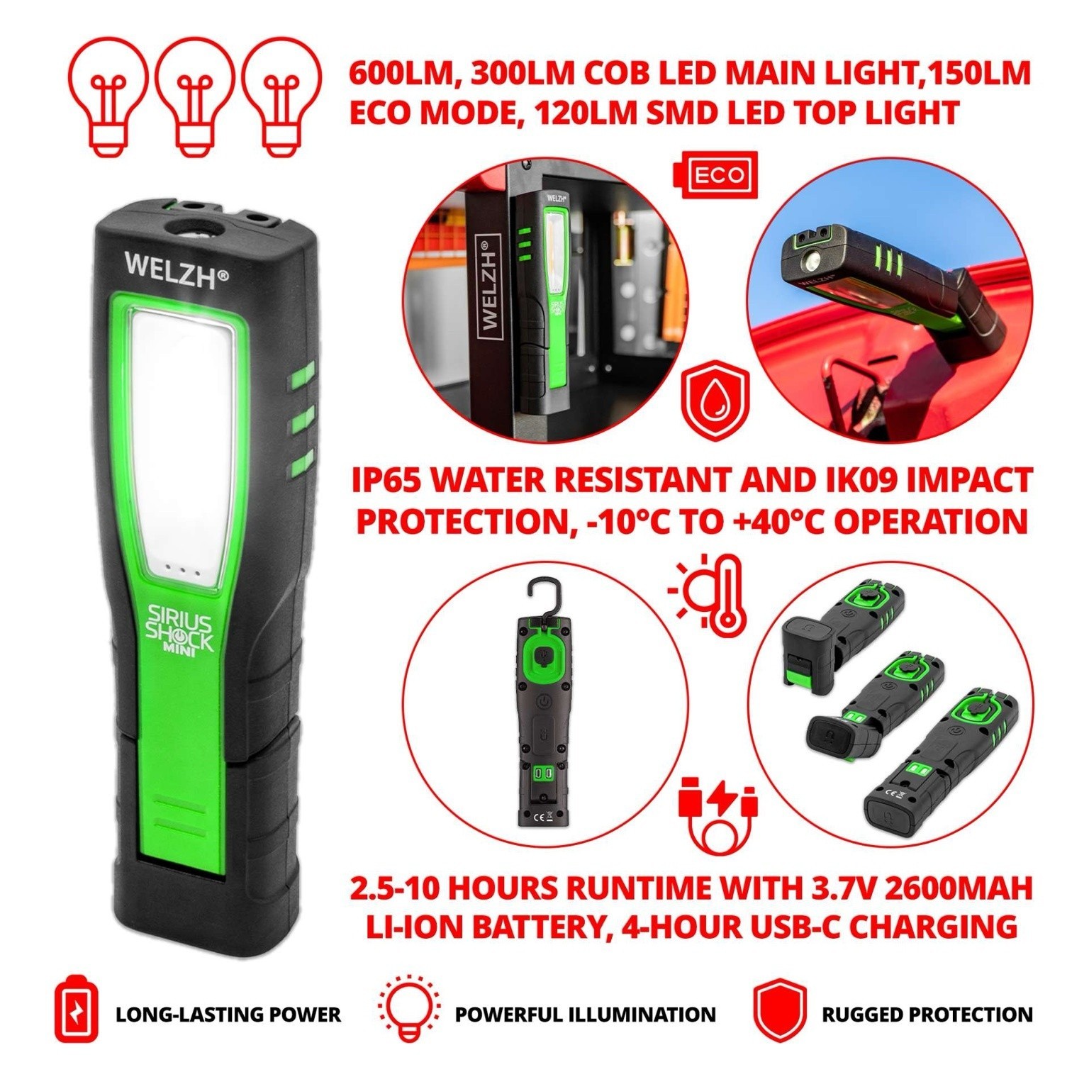 Rechargeable COB Work Light Inspection Lamp 600 Lumens Magnetic- Welzh Werkzeug Rechargeable COB Work Light Inspection Lamp 600 Lumens Magnetic- Welzh Werkzeug
