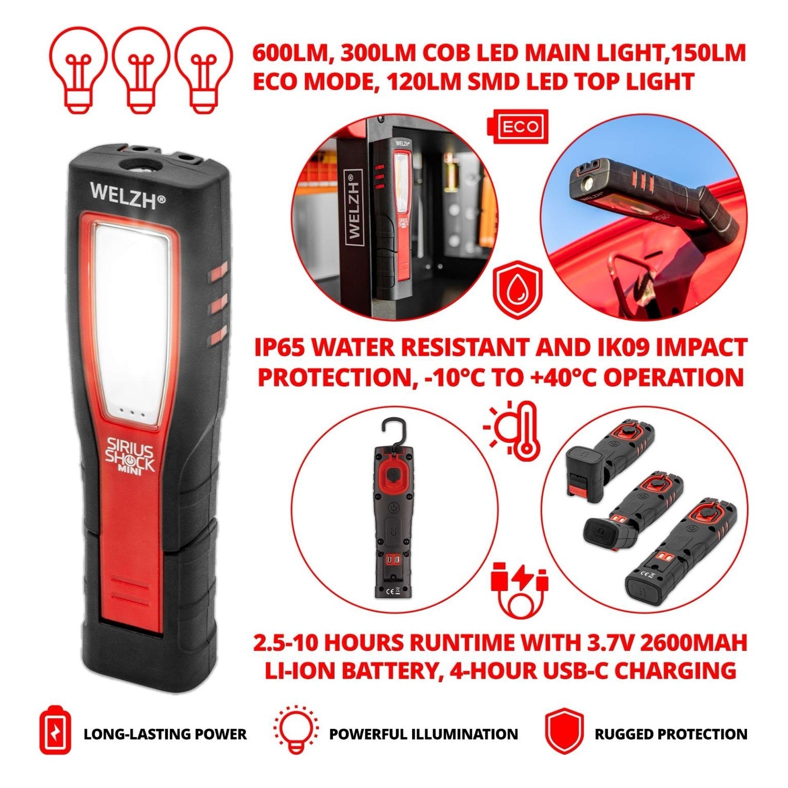 Rechargeable COB Work Light Inspection Lamp 600 Lumens Magnetic - Welzh Werkzeug Rechargeable COB Work Light Inspection Lamp 600 Lumens Magnetic - Welzh Werkzeug