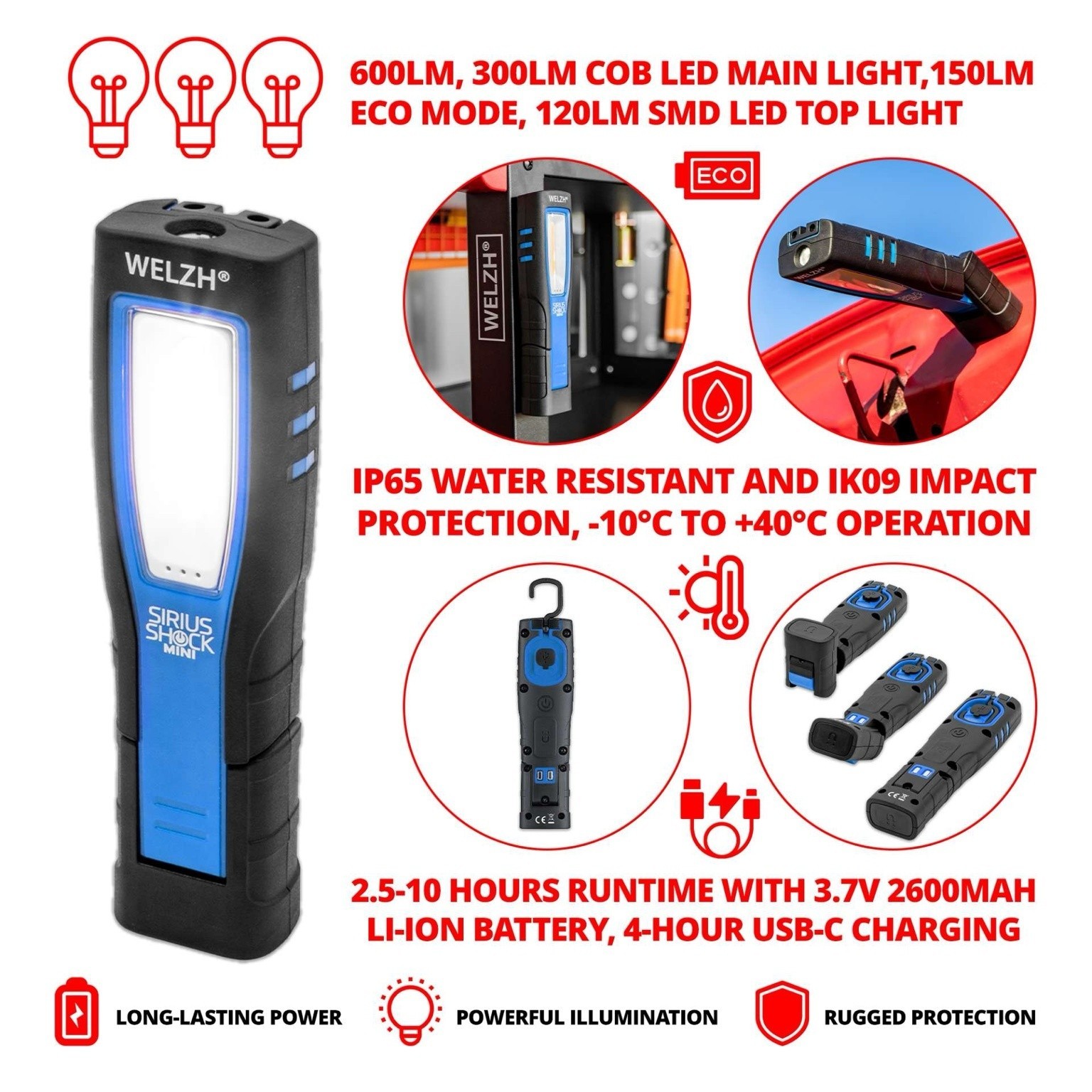 Rechargeable COB Work Light Inspection Lamp 600 Lumens Magnetic- Welzh Werkzeug Rechargeable COB Work Light Inspection Lamp 600 Lumens Magnetic- Welzh Werkzeug
