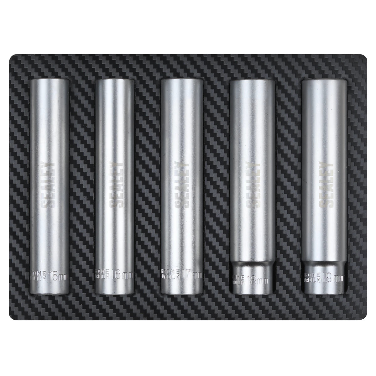 Sealey Extra Deep Socket Set 1/2”Sq Drive 5pc 120mm 15-19mm SX1519 Sealey Extra Deep Socket Set 1/2”Sq Drive 5pc 120mm 15-19mm SX1519
