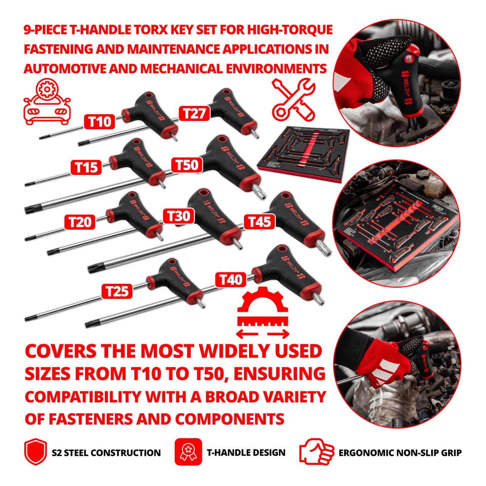 T-Handle Torx T Star Key Wrench Set T10-T50 9-Piece S2-Steel - Welzh Werkzeug T-Handle Torx T Star Key Wrench Set T10-T50 9-Piece S2-Steel - Welzh Werkzeug