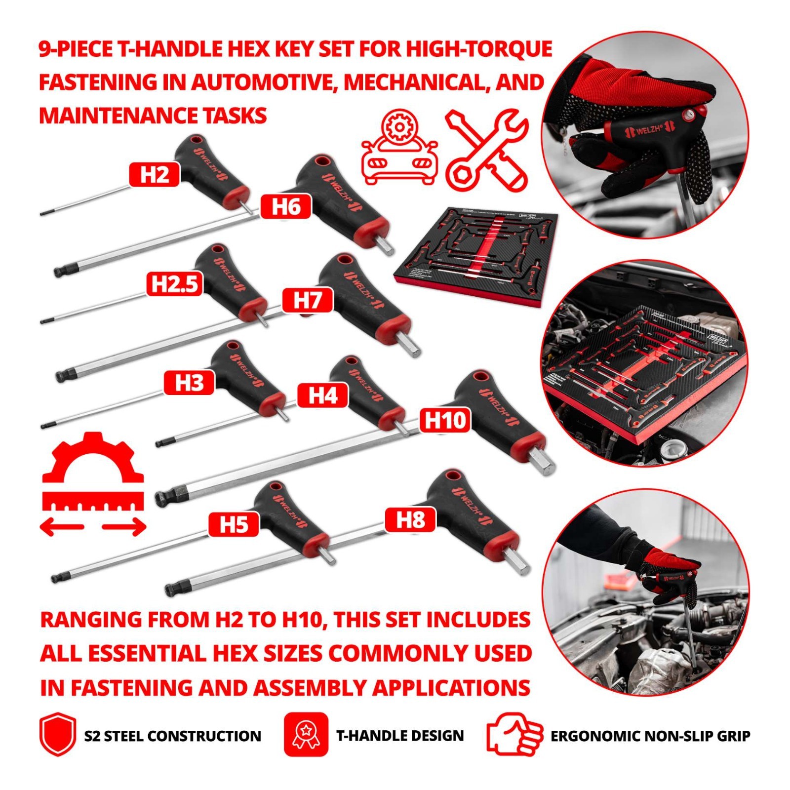 T-Handle Ball Hex Allen Key Wrench Set 2-10mm 9-Piece S2-Steel - Welzh Werkzeug T-Handle Ball Hex Allen Key Wrench Set 2-10mm 9-Piece S2-Steel - Welzh Werkzeug