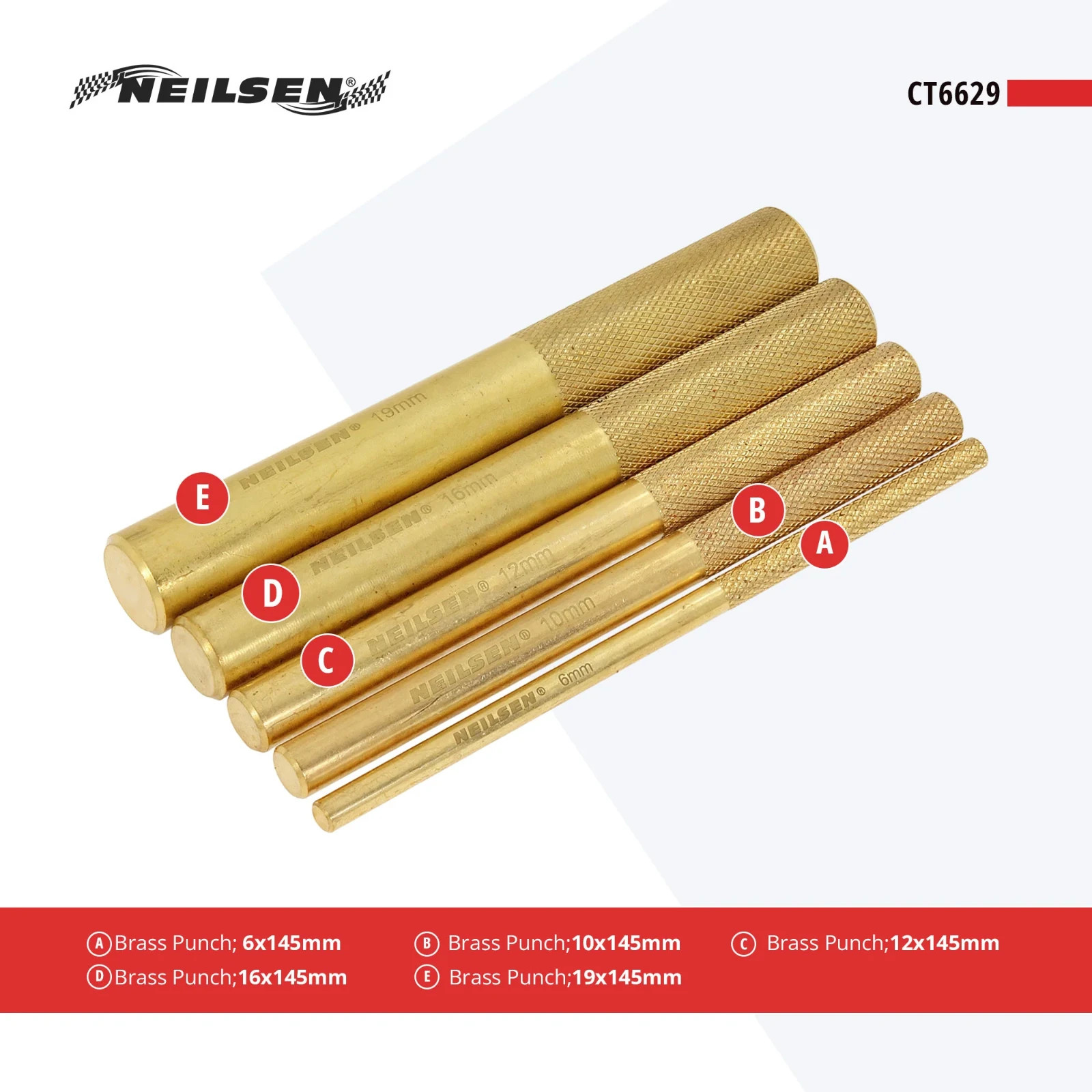 Brass Punch Set Non Sparking 5-Piece 145mm Long 6-19mm - Neilsen Brass Punch Set Non Sparking 5-Piece 145mm Long 6-19mm - Neilsen