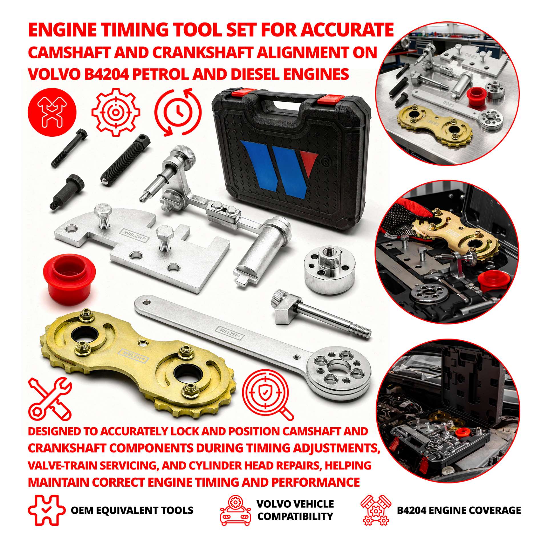 Engine Timing Tool Set For Volvo Diesel & Petrol B4204 Engines - Welzh Werkzeug Engine Timing Tool Set For Volvo Diesel & Petrol B4204 Engines - Welzh Werkzeug