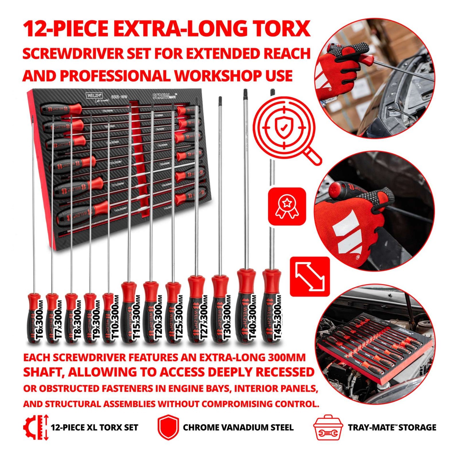 Torx Screwdriver Set Extra Long T Star 12-Piece T6-T45 S2 STEEL - Welzh Werkzeug Torx Screwdriver Set Extra Long T Star 12-Piece T6-T45 S2 STEEL - Welzh Werkzeug