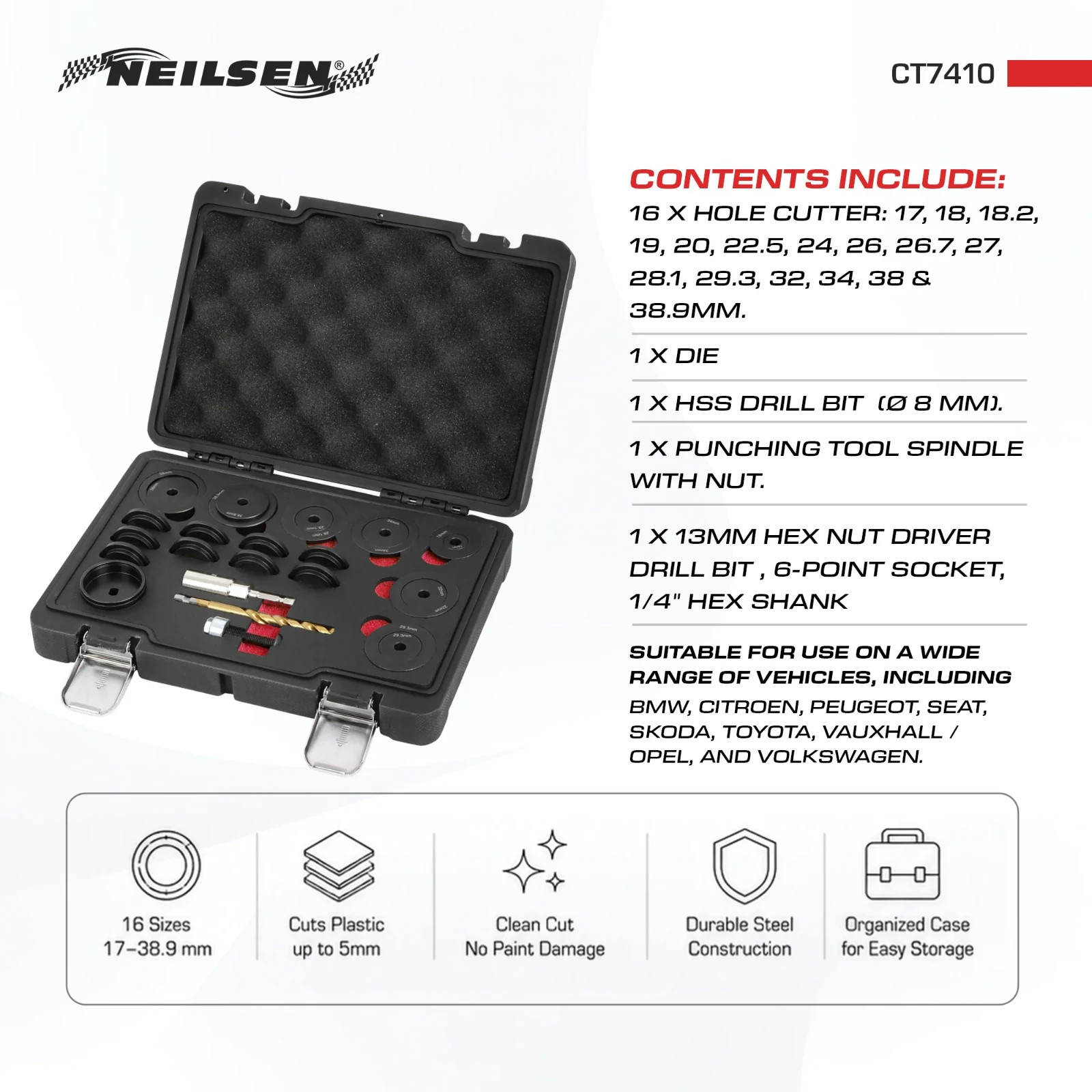 Parking Sensor Hole Cutter Master Set 20-Piece 17-38.9mm - Neilsen Parking Sensor Hole Cutter Master Set 20-Piece 17-38.9mm - Neilsen