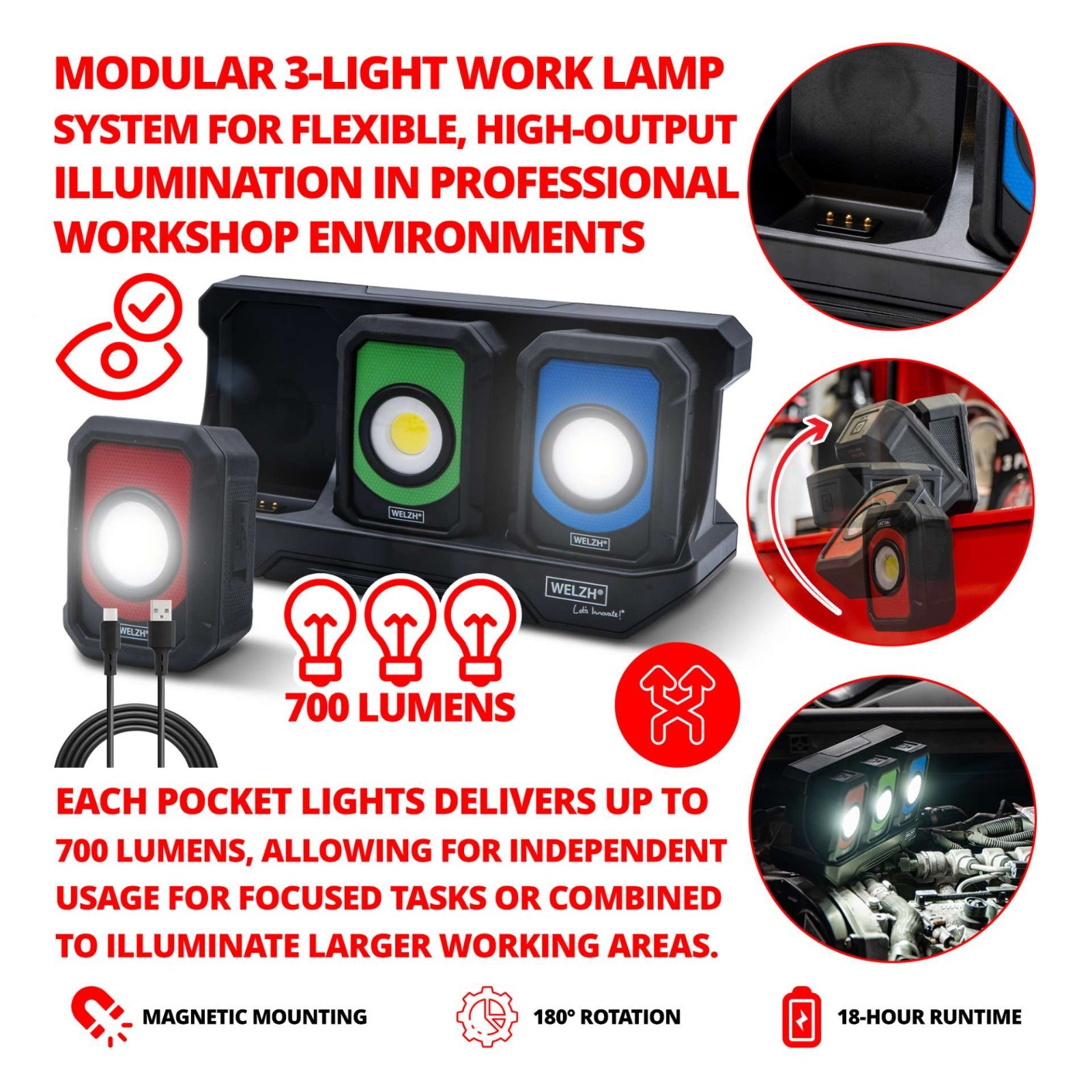 Modular Work Light Lamp Torch System Station + 3 Lights 700-Lumens - Welzh Werkzeug Modular Work Light Lamp Torch System Station + 3 Lights 700-Lumens - Welzh Werkzeug